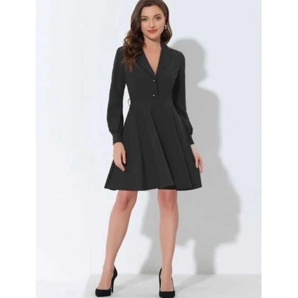 NWT Allegra K Elegant Notched Lapel Collar Tie Waist Long Sleeve Shirt Dress - M